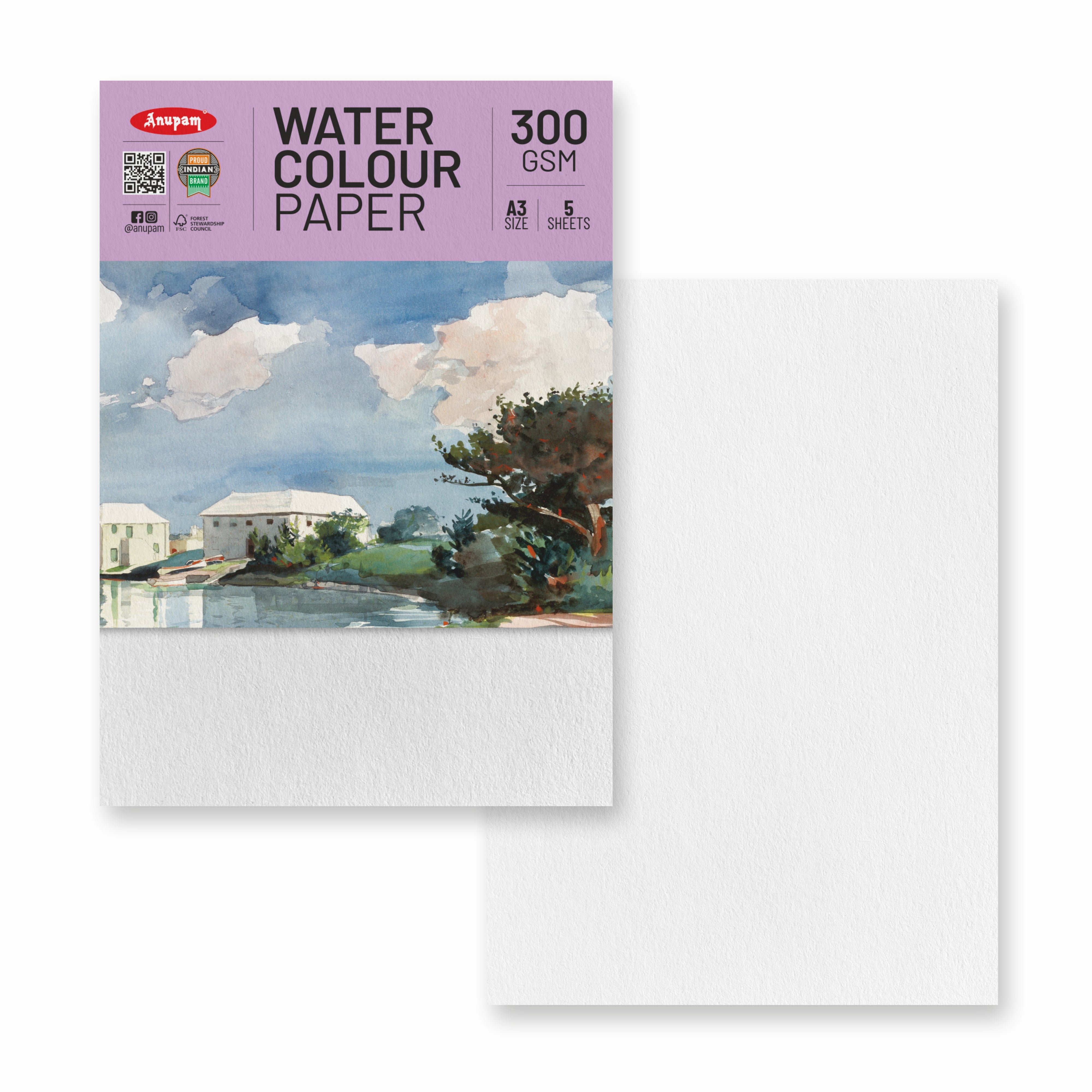 Anupam Watercolour Paper Loose Sheets-Natural white-Grained Surface-Cold Pressed-(200 and 300 GSM)