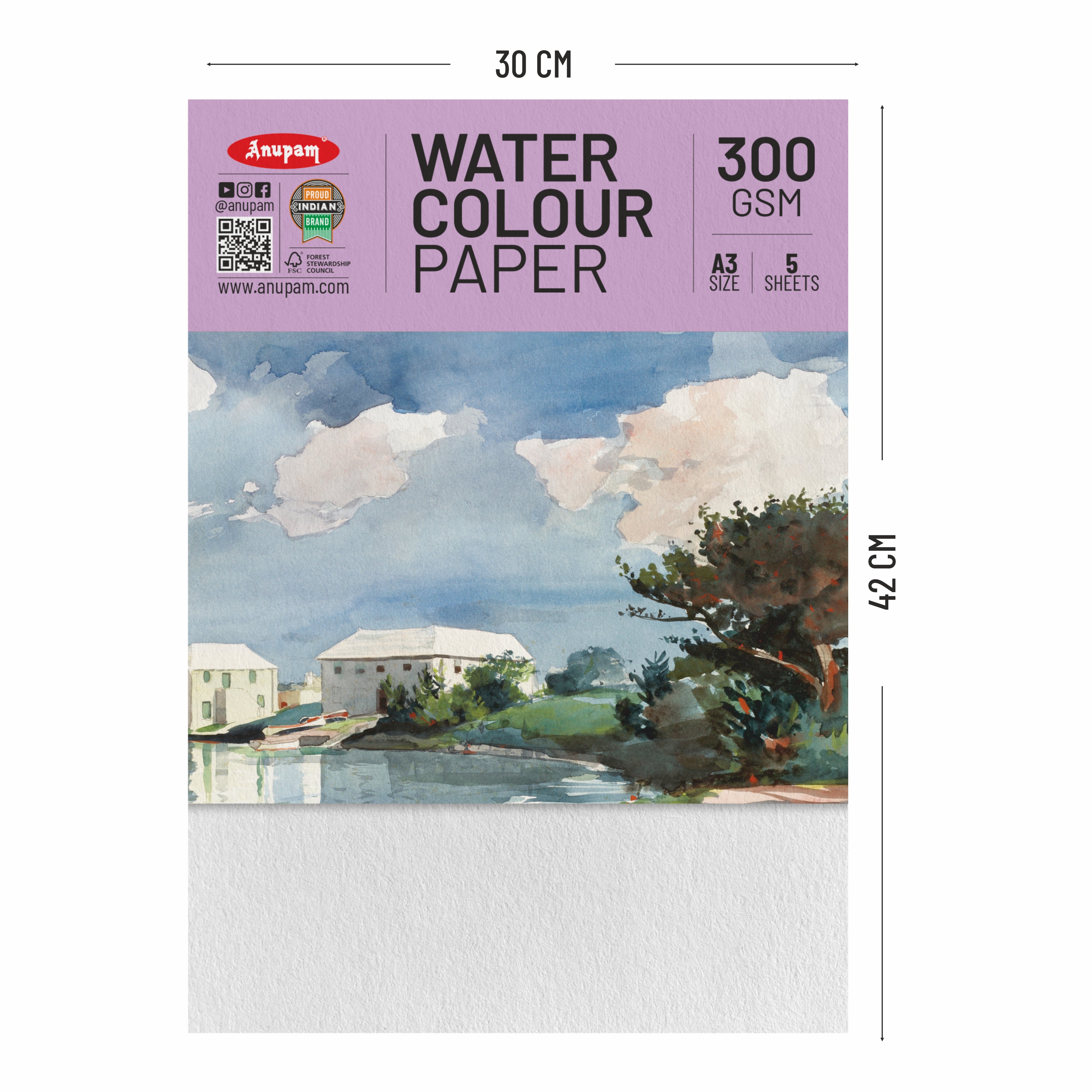 Anupam Watercolour Paper Loose Sheets-Natural white-Grained Surface-Cold Pressed-(200 and 300 GSM)