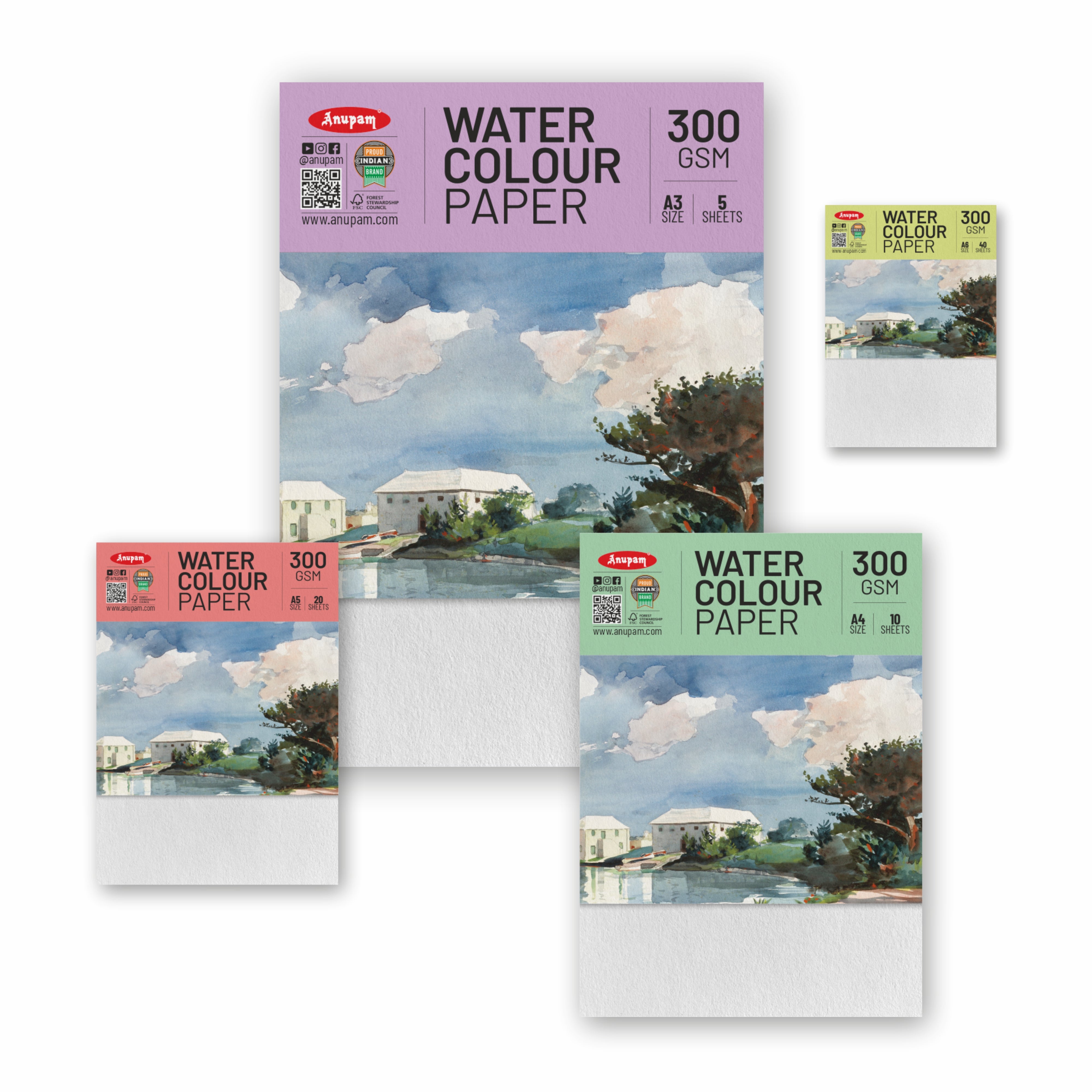 Anupam Watercolour Paper Loose Sheets-Natural white-Grained Surface-Cold Pressed-(200 and 300 GSM)