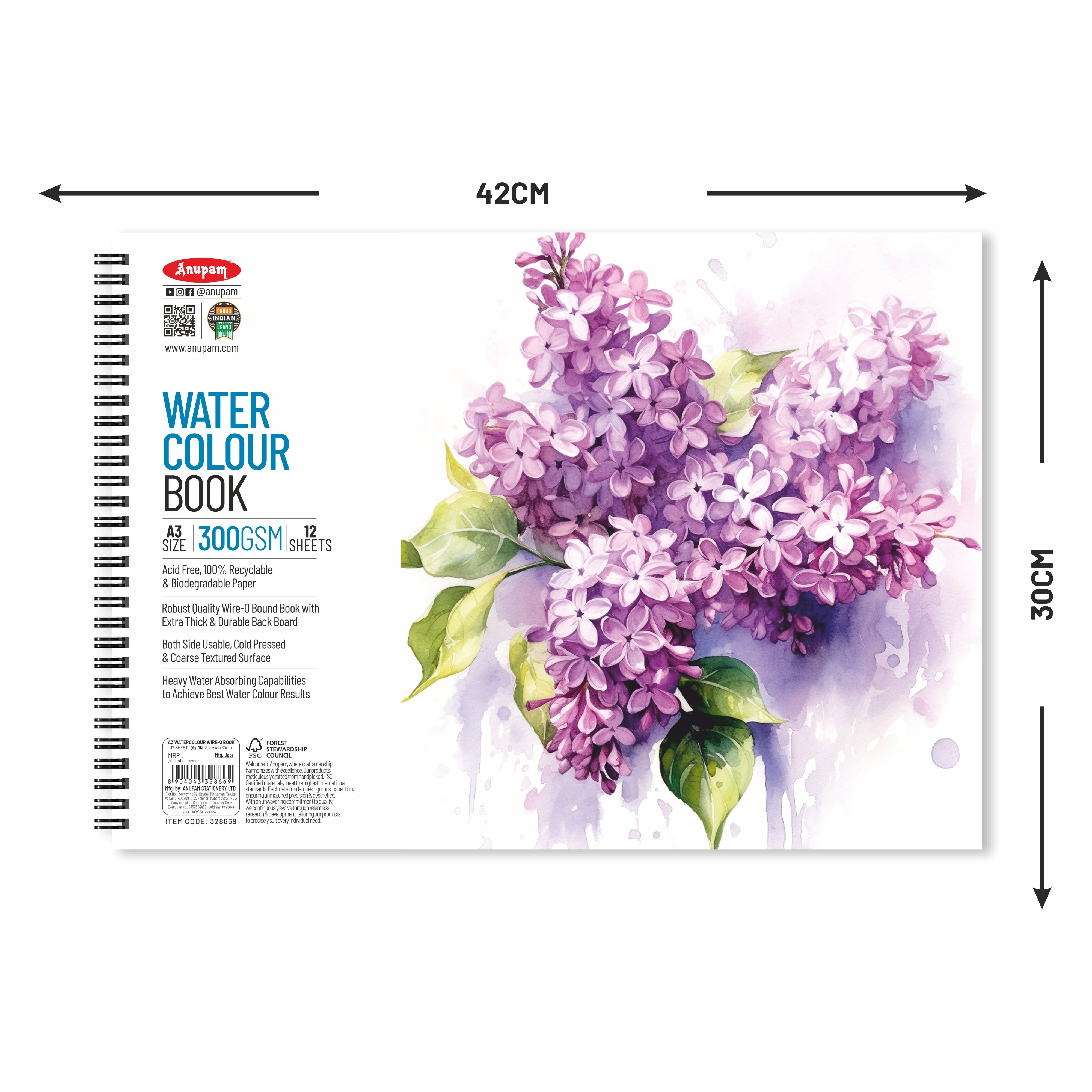 Anupam Watercolour Paper Wireo Book -Cold Pressed-natural White-(200 GSM & 300 GSM)
