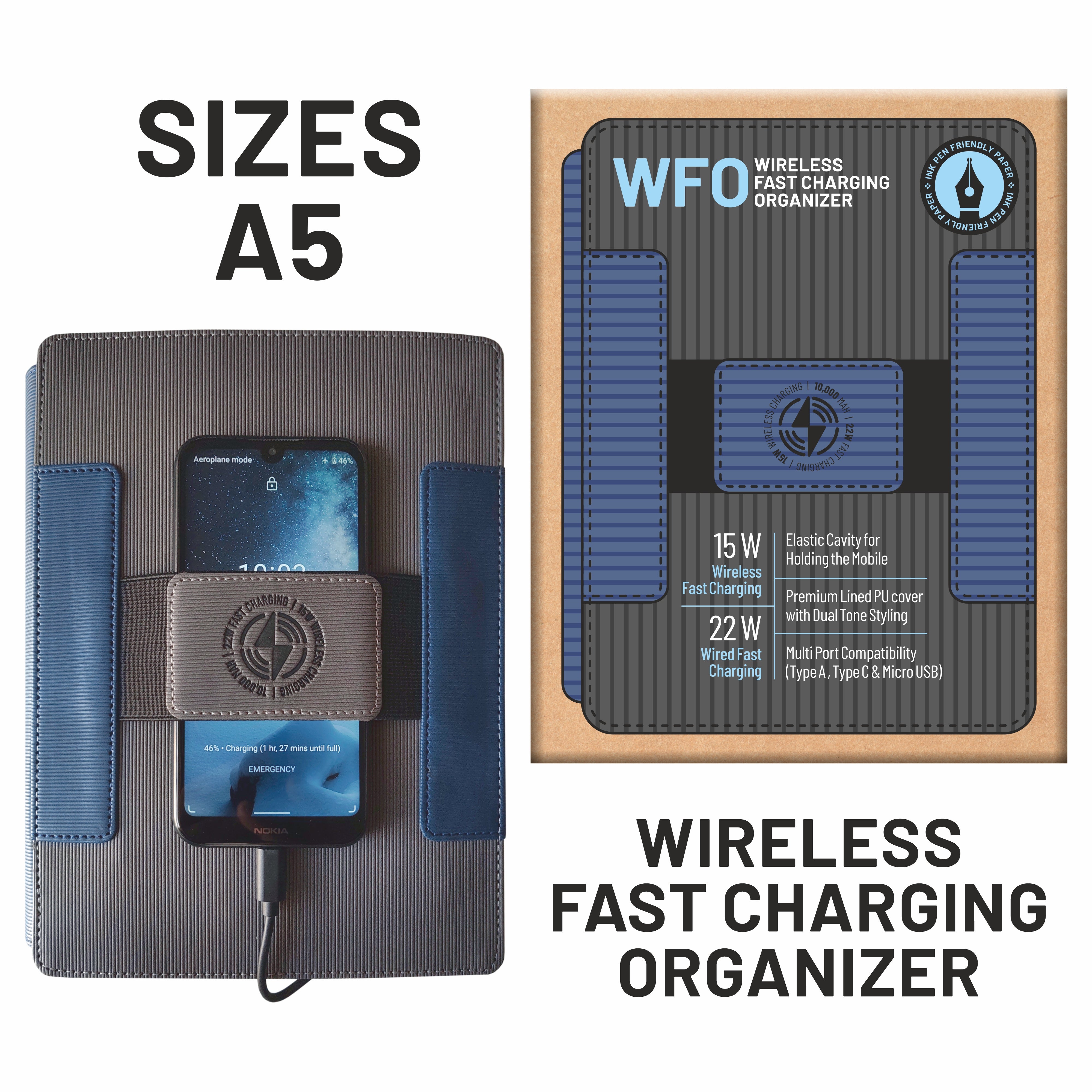 Anupam WFO Premium Wireless Fast Charging Organizer A5 Notebook | 15W Wireless & 22W Wired Charging | 120 Pages 100 GSM Premium Paper