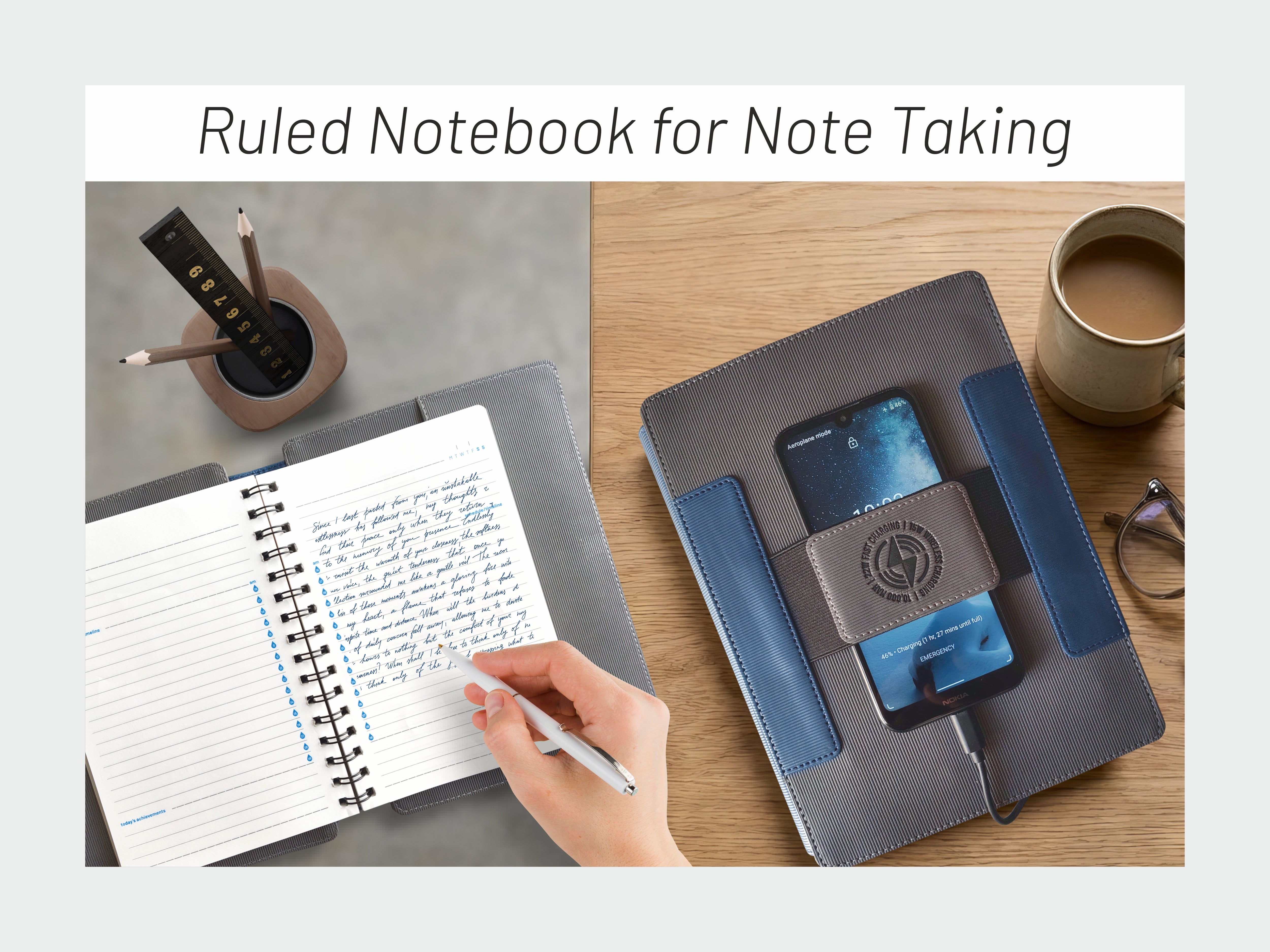 Anupam WFO Premium Wireless Fast Charging Organizer A5 Notebook | 15W Wireless & 22W Wired Charging | 120 Pages 100 GSM Premium Paper