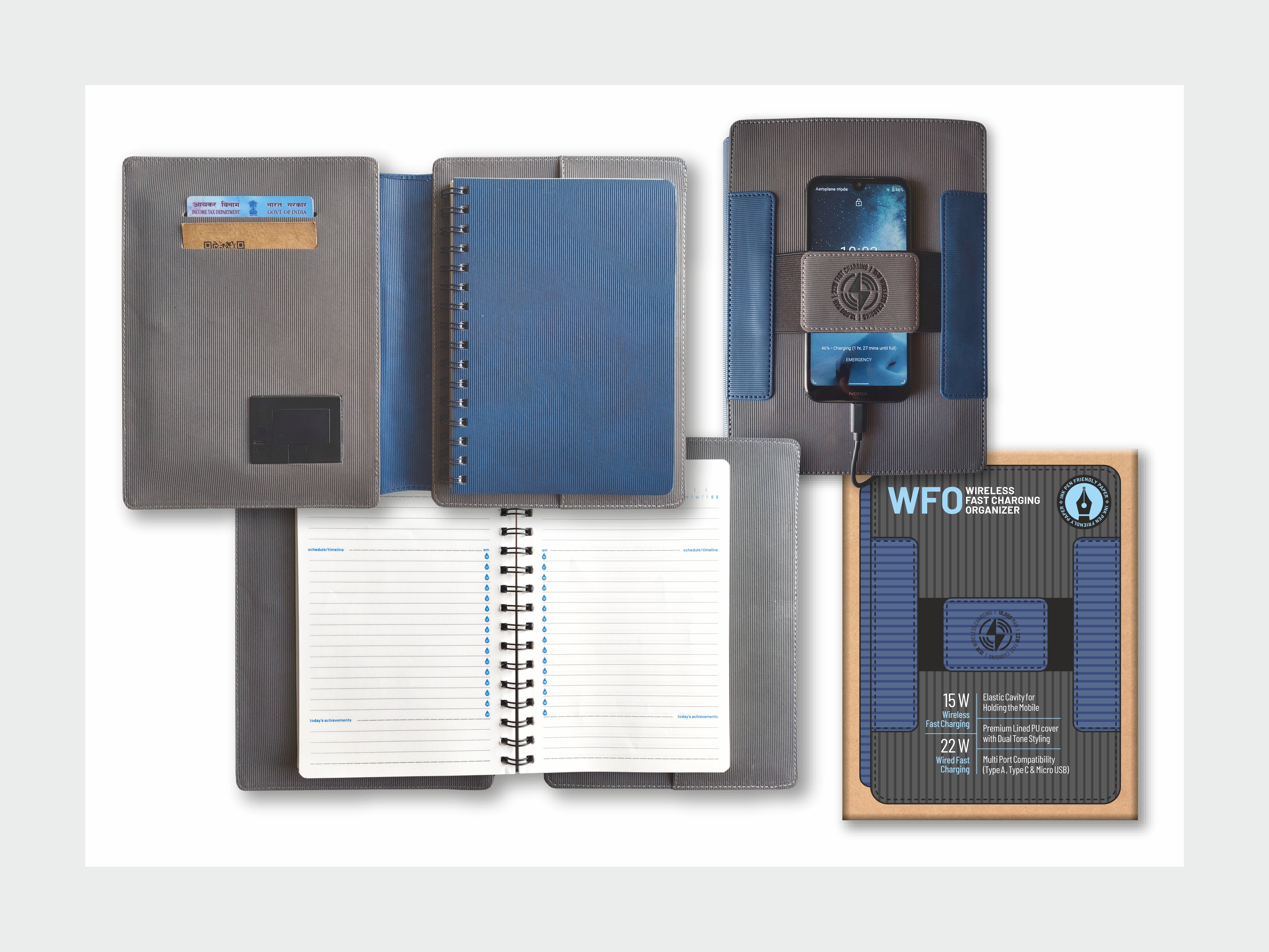 Anupam WFO Premium Wireless Fast Charging Organizer A5 Notebook | 15W Wireless & 22W Wired Charging | 120 Pages 100 GSM Premium Paper