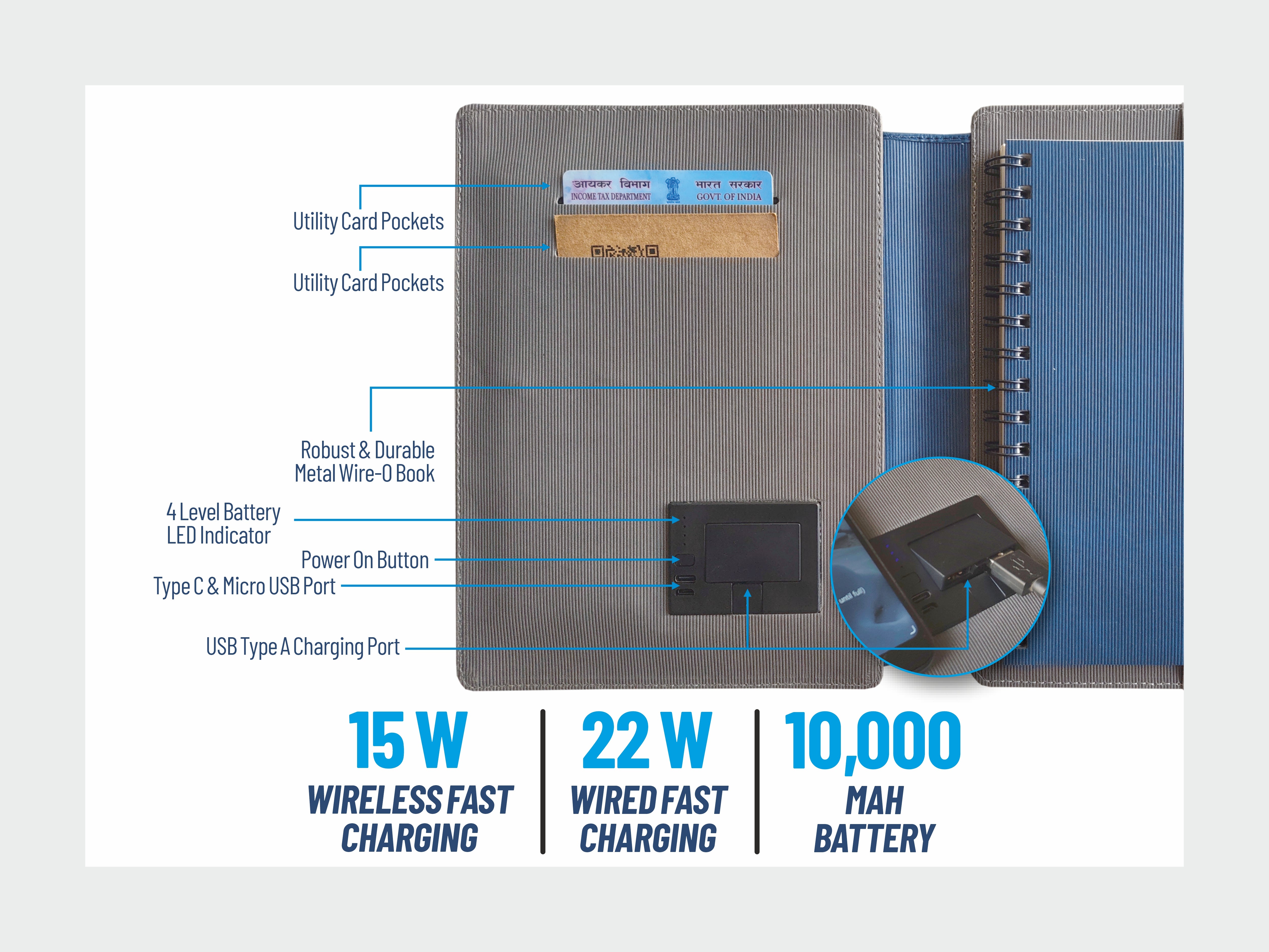 Anupam WFO Premium Wireless Fast Charging Organizer A5 Notebook | 15W Wireless & 22W Wired Charging | 120 Pages 100 GSM Premium Paper