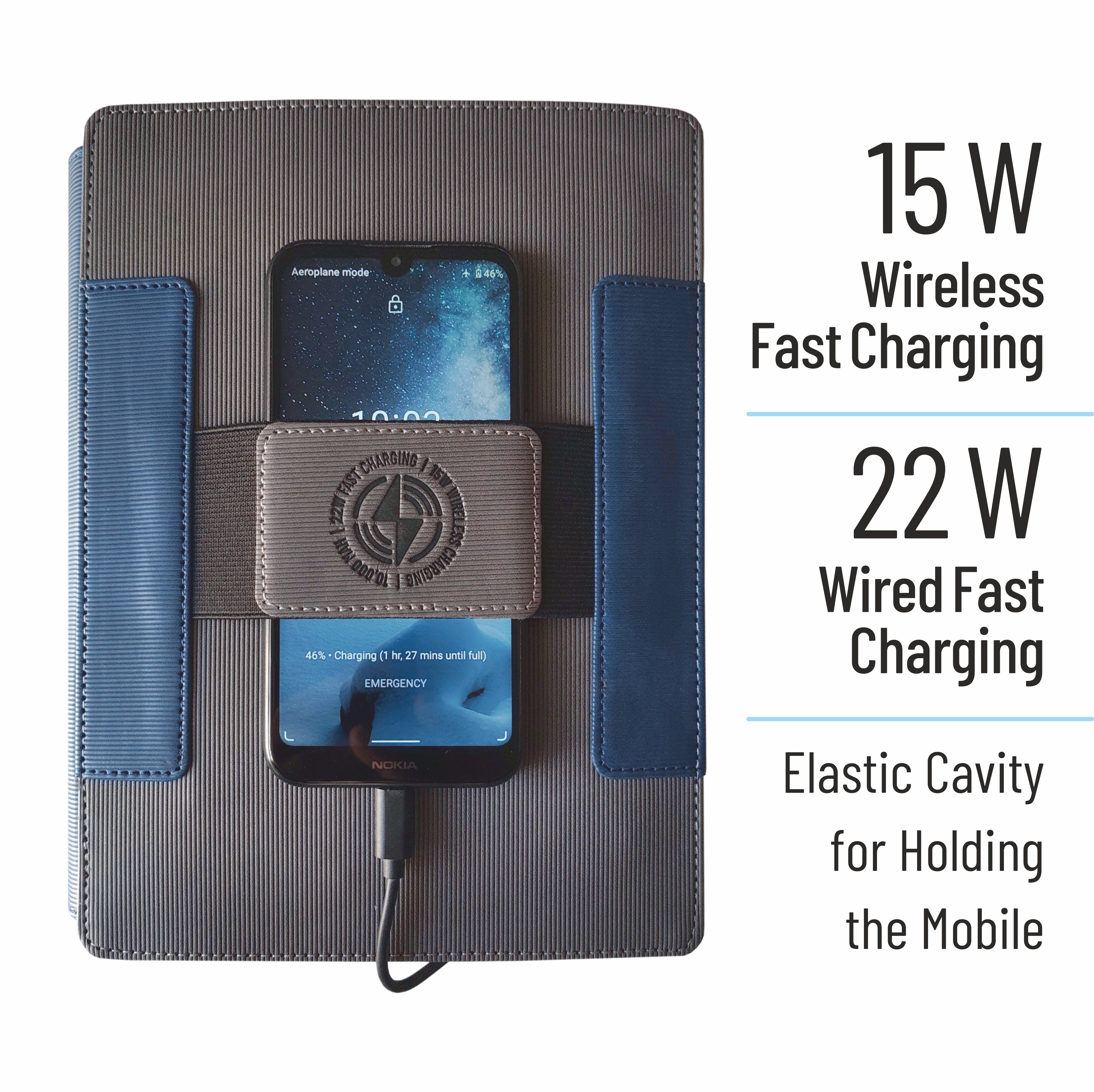 Anupam WFO Premium Wireless Fast Charging Organizer A5 Notebook | 15W Wireless & 22W Wired Charging | 120 Pages 100 GSM Premium Paper