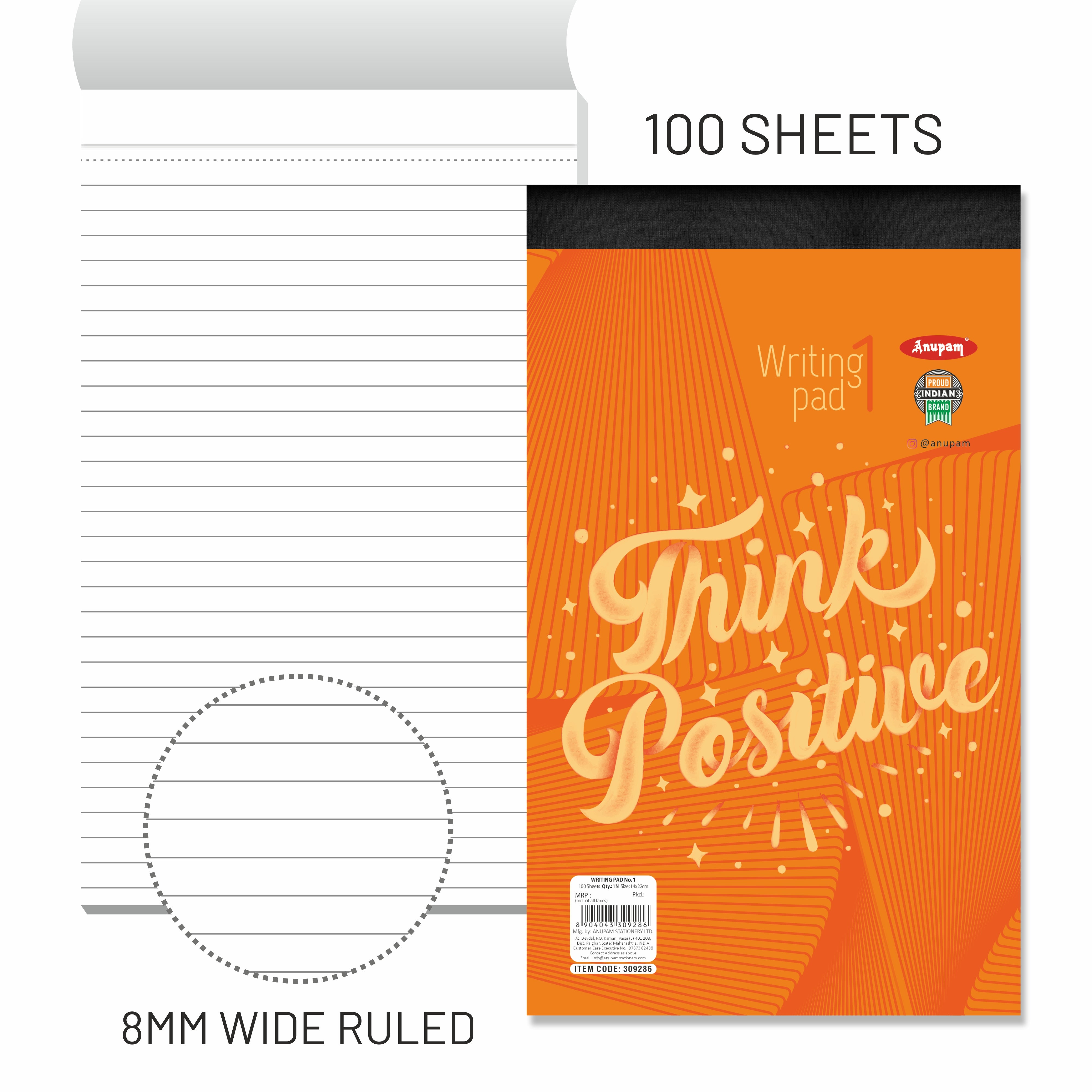 Anupam Writing Pad – Wide Ruled Lined Paper-80 GSM-Micro Perforated with Durable Cardboard Backing for School-College- Office