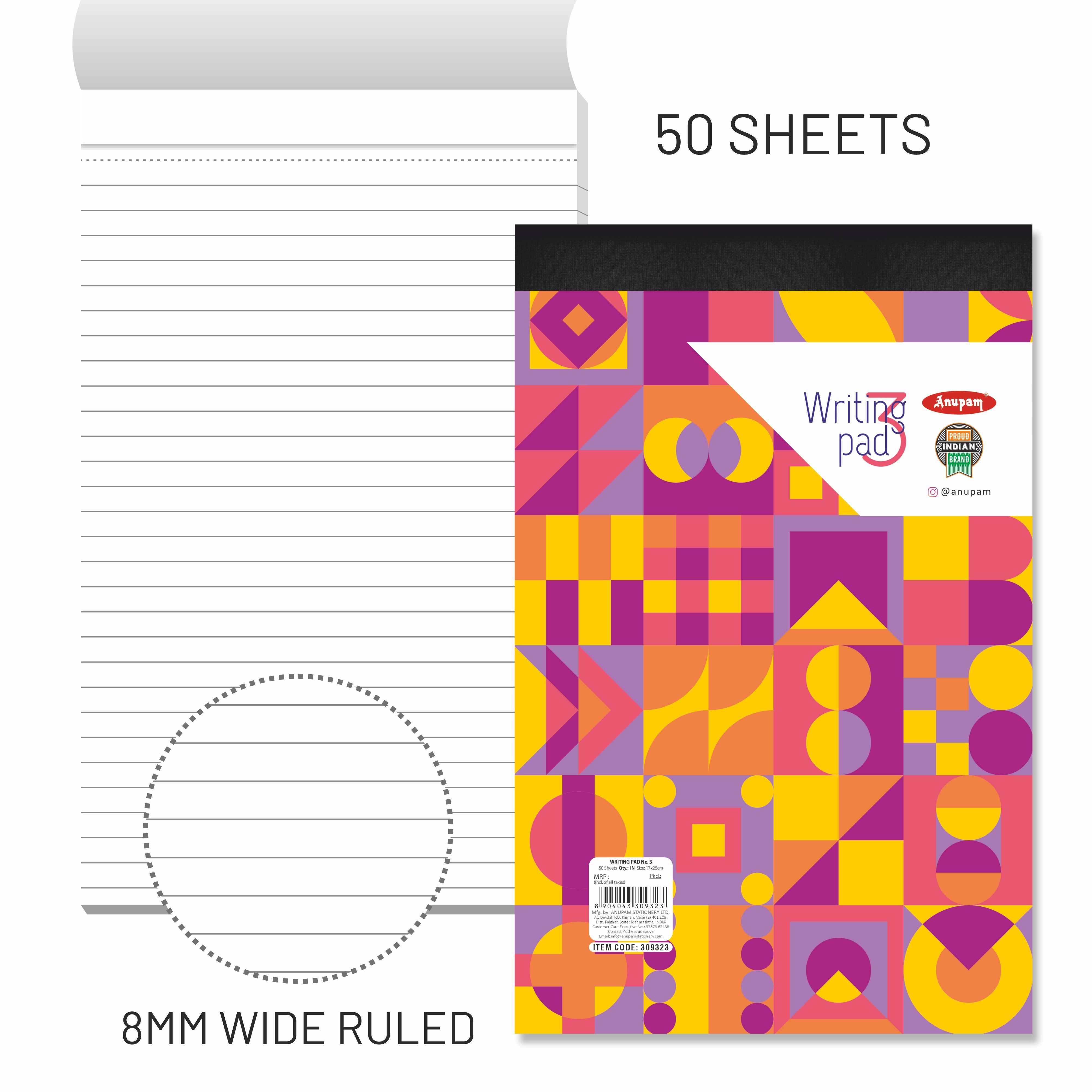 Anupam Writing Pad – Wide Ruled Lined Paper-80 GSM-Micro Perforated with Durable Cardboard Backing for School-College- Office