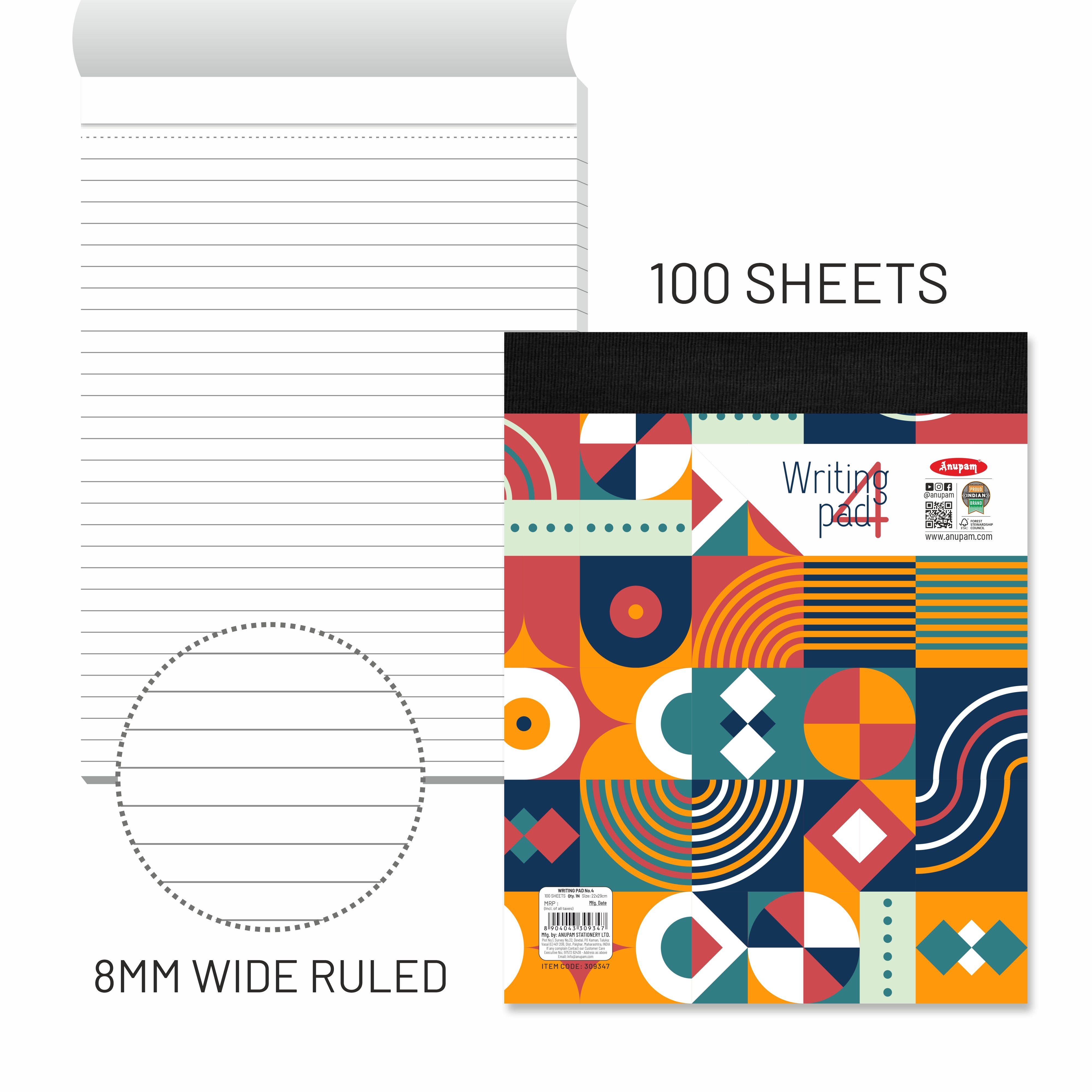 Anupam Writing Pad – Wide Ruled Lined Paper-80 GSM-Micro Perforated with Durable Cardboard Backing for School-College- Office