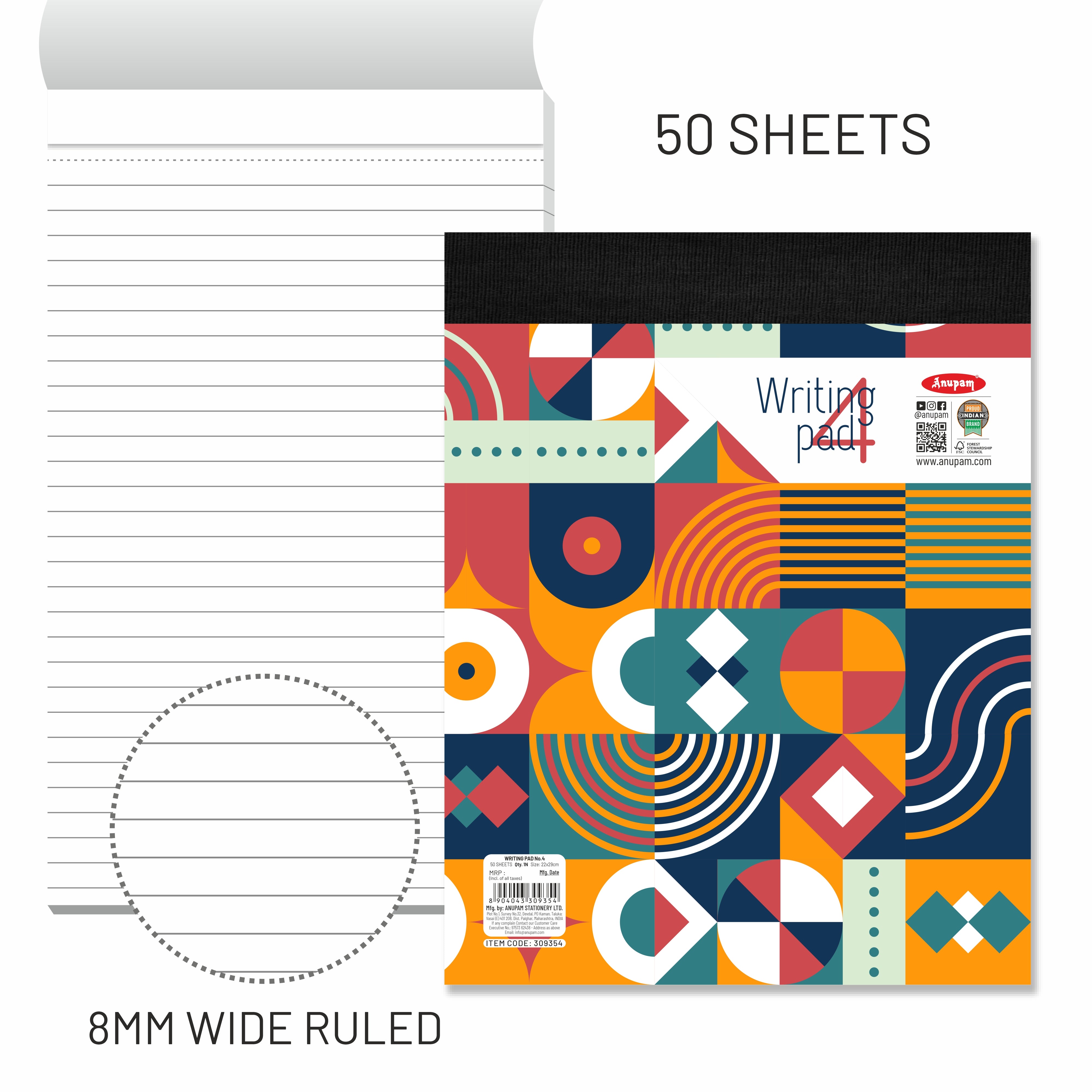 Anupam Writing Pad – Wide Ruled Lined Paper-80 GSM-Micro Perforated with Durable Cardboard Backing for School-College- Office